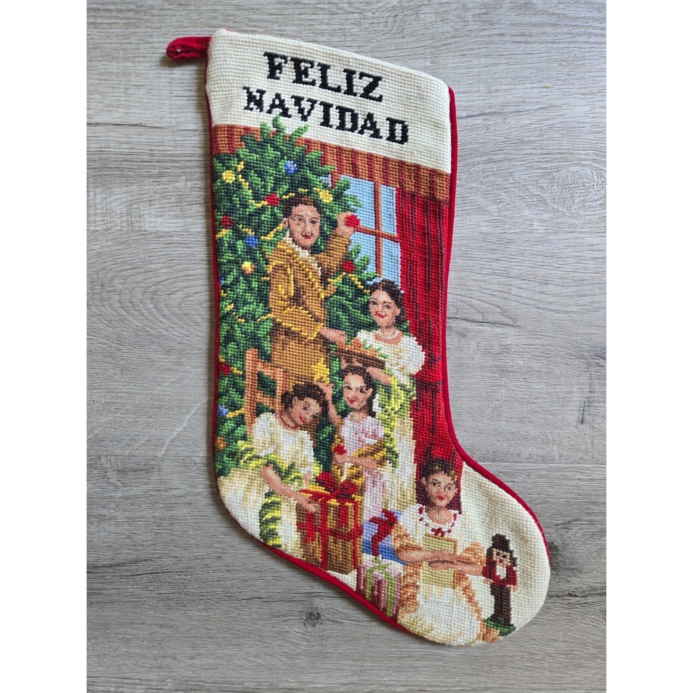 Vintage Feliz Navidad Needlepoint Tapestry Christmas Stocking Red Velvet